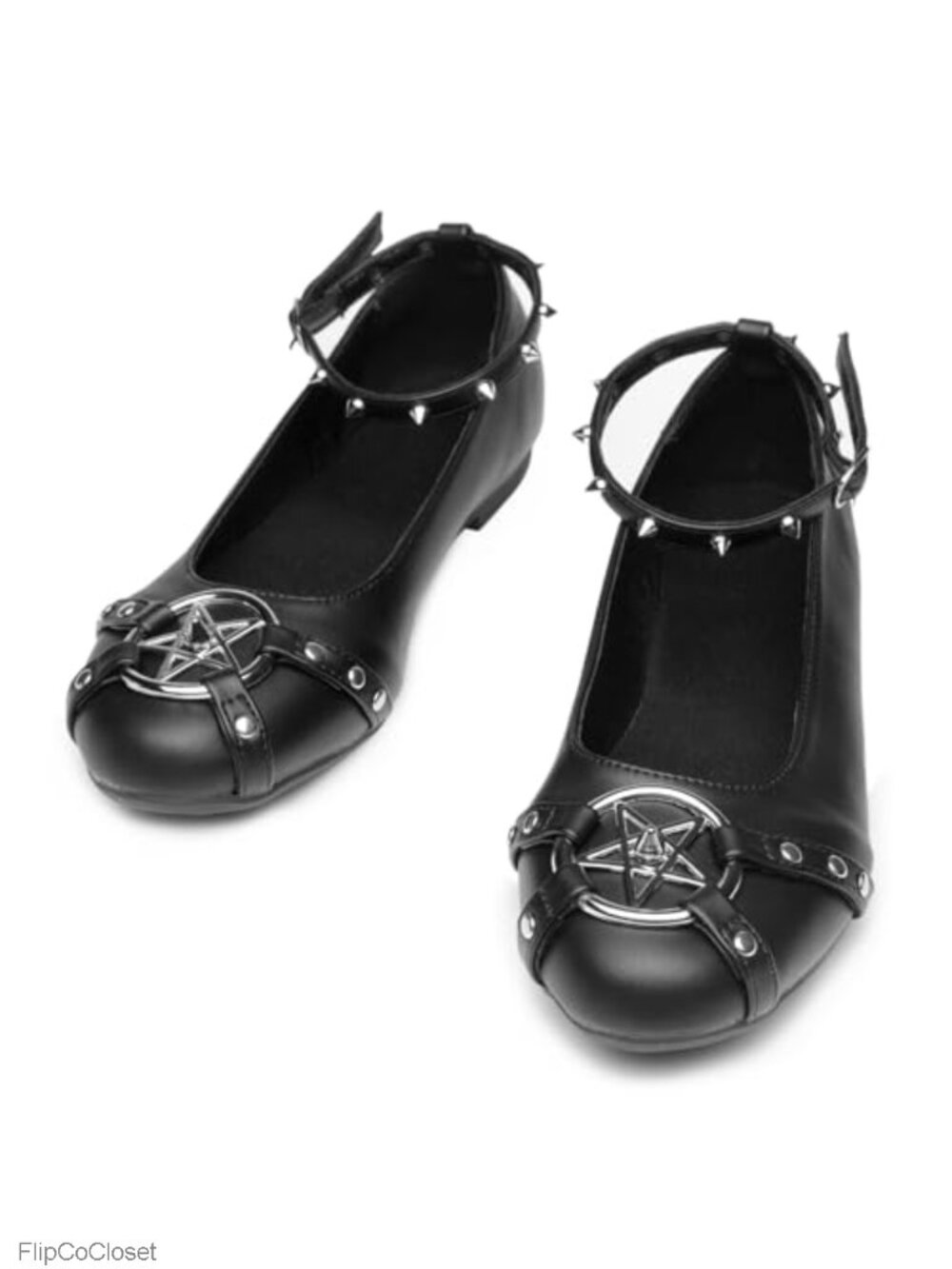 Faux Leather Ballet Flats with Metal Studs and Adjustable Strap